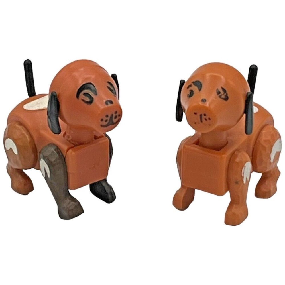 2 VTG Fisher Price Little People Farm BROWN & WHITE DOGS 1 Metal Rivet Dark Legs